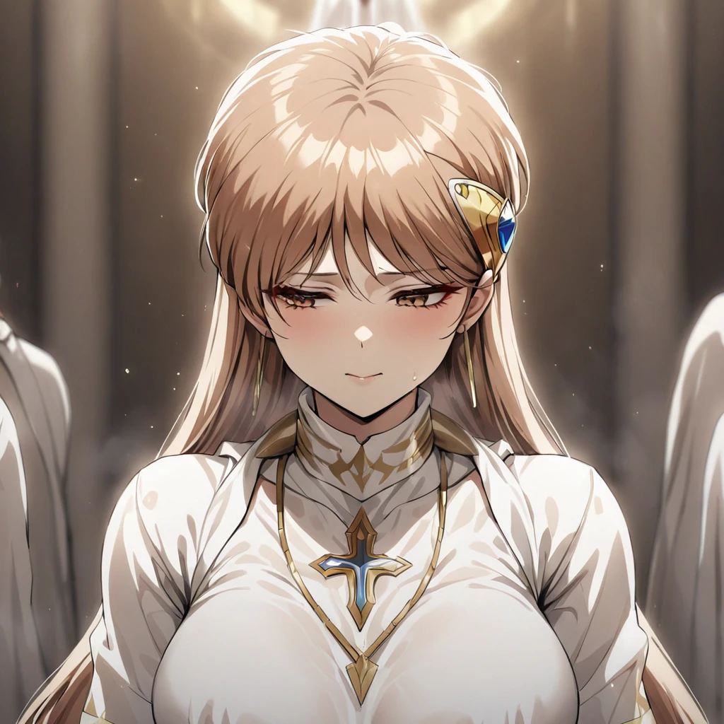 ((Highest quality)), ((masterpiece)), (detailed), （Perfect Face）、The woman is Princess Leona, a member of a mysterious religious organization with long, light brown hair, and is undergoing a baptism ceremony with other members from the cult leader.