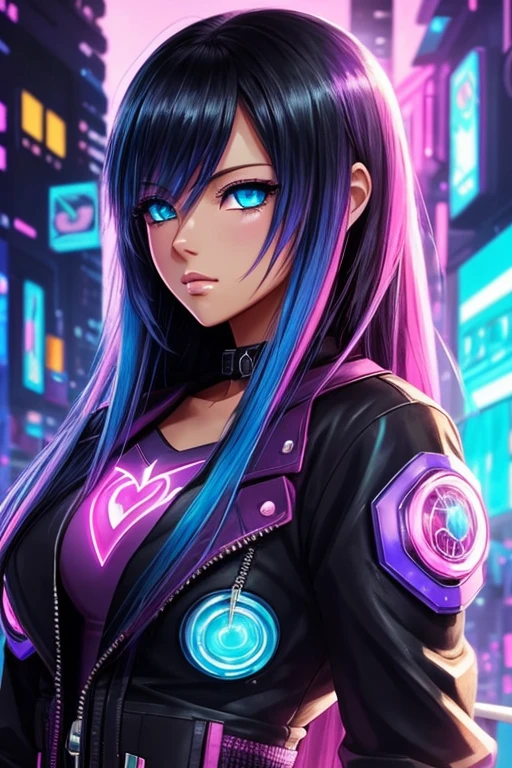 detailed anime style,beautiful and stunning artwork, shimmering shadows, strong colors, candy cotton pastell colors, a racoonwoman, black hair, blue eyes, cyberpunk background with pink and blue lights