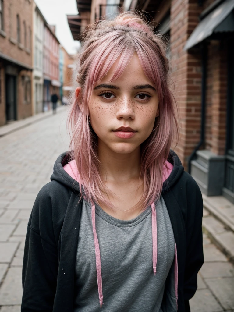 Belle collégienne, porter un sweat à capuche, regarder le spectateur, cheveux roses, seulement, tatouage sur le visage, Haut du corps, contexte détaillé, ville, ruelle, regarder le spectateur, portrait, (peau texturée, pores de la peau:1.2), (taupes:0.8), (peau imparfaite:1.1), détails complexes, chair de poule, visage impeccable, (légères taches de rousseur:0.9),, ((Photoréaliste):1.1), (BRUT, 8k:1.2), hyper réaliste, HDR, Cinématique, sombre, couleurs sourdes, ambiance ardoise