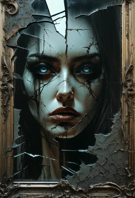 Beautiful woman, cracked mirror, many cracks in the mirror, reflections, detailed face, detailed eyes, insanely detailed, concep...