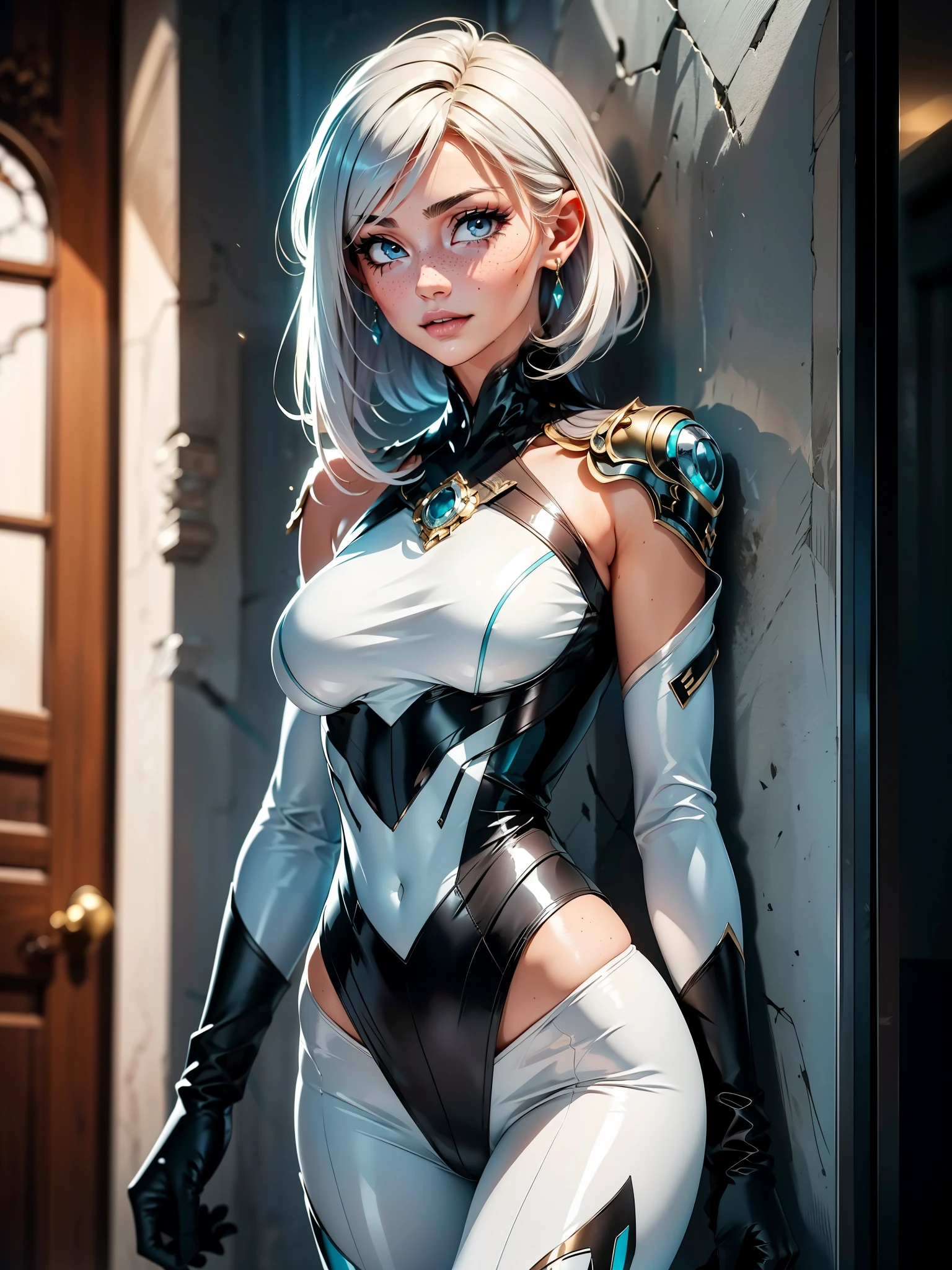 1girl, solo, leaning on white mable wall, sexy face, sexy, cute face, bangs, long hair, look away, shy, nose blush, concept art, freckles, lay light on the wall, passionate, medium breast, fit body, long waist, (thigh gap), wide shoulder, short hair, white hair, hair over one eye, open blue coat, brown gloves, black pants, earrings, seductive, enchanting, (biting lip)