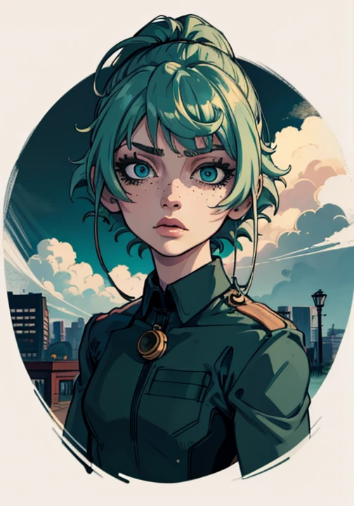 Masterpiece, best quality, college student, centered in frame, portrait, female, pale skin, stressed expression, stethoscope, busty, smoking cigarette, eye bags, nervous, peach lips, ponytail, pastel green hair, couch landscape, green eyes, paramedic uniform, green freckles, beautiful,