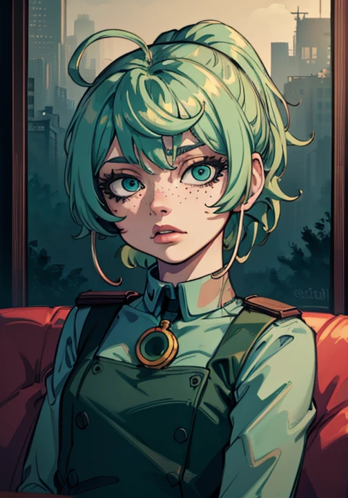 Masterpiece, best quality, college student, centered in frame, portrait, female, pale skin, stressed expression, stethoscope, busty, smoking cigarette, eye bags, nervous, peach lips, ponytail, pastel green hair, couch landscape, green eyes, paramedic uniform, green freckles, beautiful,