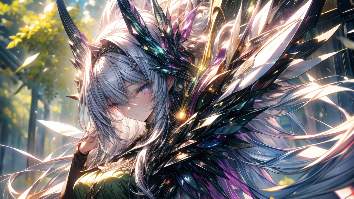 ((Silver Hair)), Very detailed顔と目, Very long hair, jewelry, Purple Hair Band, Long pointy ears, anime, masterpiece, Textured skin, (Very detailed), Awards, (Highest quality), Fairy, in the forest, wood々The sunlight shines in, (Green Dress:1.4), whole body, Beautiful legs, hunting, Bow and Arrow, eyeball, tsurime, Variegated eyes, Bust Shot