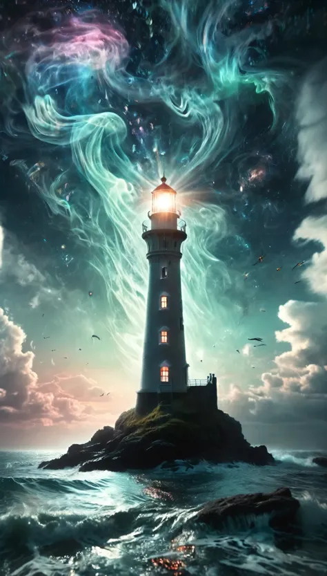a majestic lighthouse standing amidst a swirling galaxy of neon lights and cosmic clouds. The lighthouse itself is adorned with ...