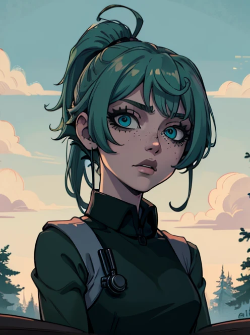 Masterpiece, best quality, college student, centered in frame, portrait, female, pale skin, stressed expression, stethoscope, busty, smoking cigarette, eye bags, nervous, peach lips, ponytail, pastel green hair, couch landscape, green eyes, paramedic uniform, green freckles, beautiful,