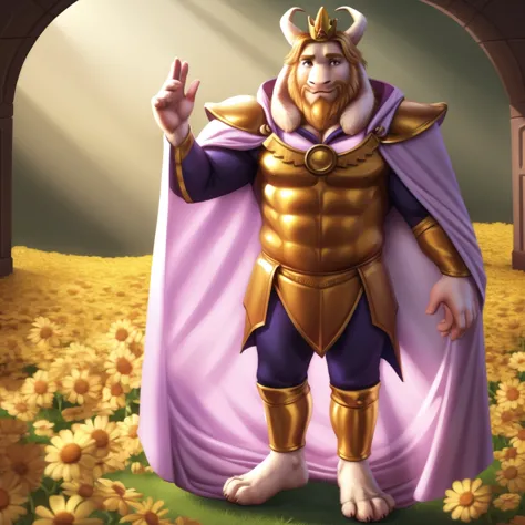 asgore, plump, bara, (pose:1.3), (posing:1.3), (soft shading), 4k, hi res, five fingers, detailed hands, ((detailed face, (detai...