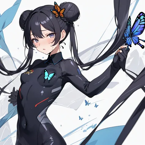 (kisaki, black hair, double bun, twintails, butterfly hair ornament, long hair, small breasts ), (body suit) (collar) (drawn by ...