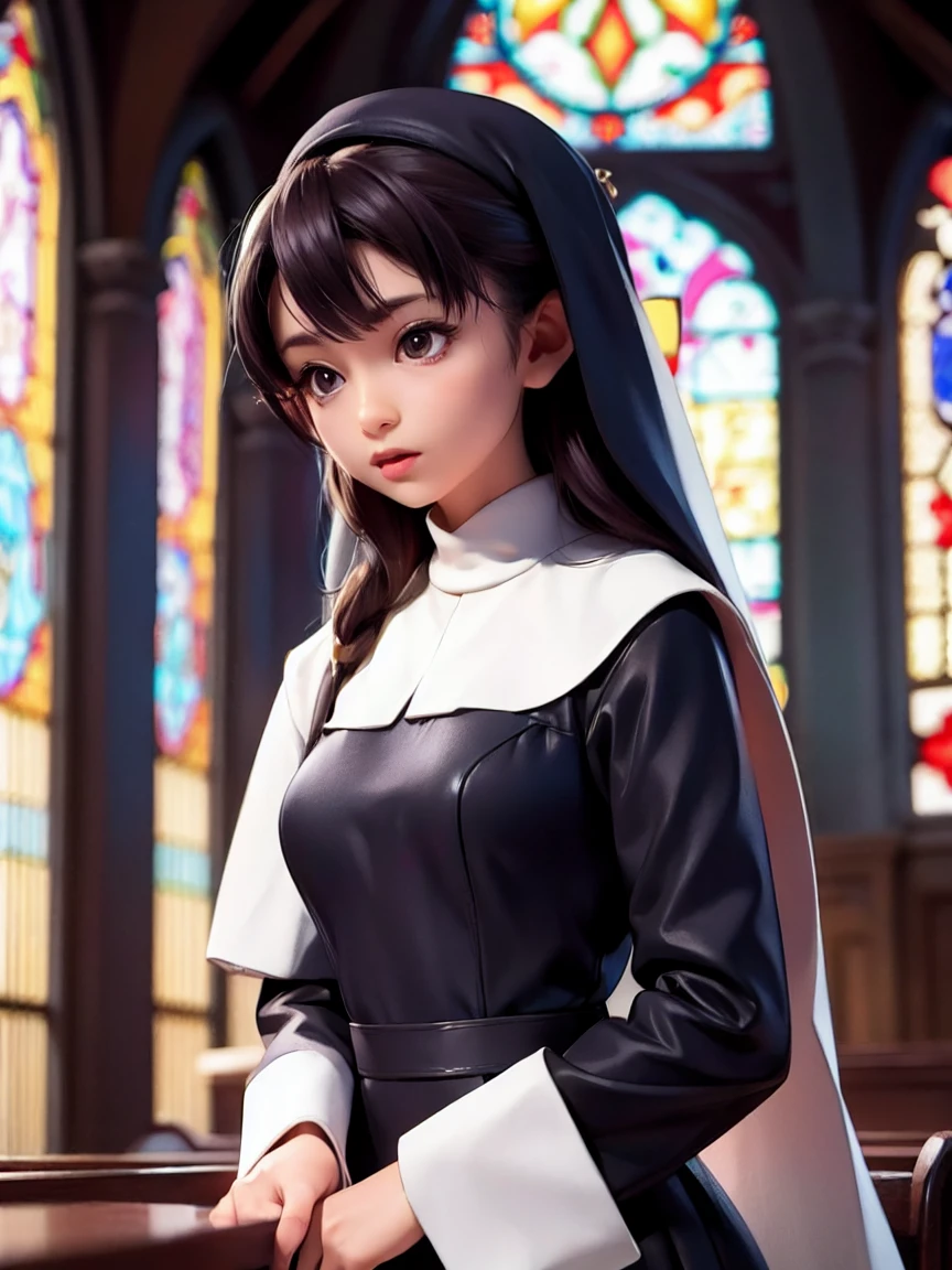 (Noriko Ogawa), (Highest quality, Very detailed, masterpiece, In detail, High resolution, 8k wallpaper, Highest quality, High resolution), Beautiful face in every detail, Long sleeve, Nuns, habit, Nuns, habit, dress, black dress, long dress, Catholic;, church, Stained glass,