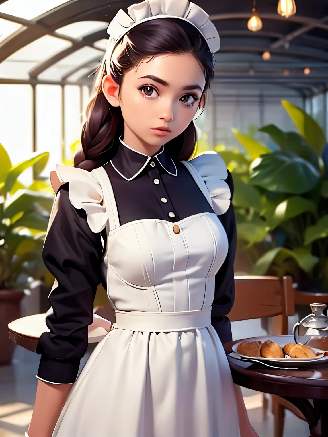 ((Floral Style)), (Advent), (One girl), (((alone))), (Realistic:1.5), Particles of light, light, Victorian, (Best illustrations), photoRealistic, Octane Rendering, 8K, Neon Light, Flying Car, Detailed face, Fine grain, ((Maid)), Maid headband, Long braids, Very long hair, Black Hair, Brown eyes, (Sharp eyeliner, eye shadow, Fine grain:1.1), (Urzan-6500), Model pose, (Are standing), (Outdoor), noon, Public place, indoor, (Greenhouse in the background), Blake G36  