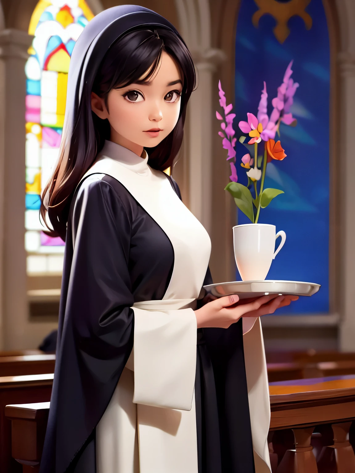 (Noriko Ogawa), (Highest quality, Very detailed, masterpiece, In detail, High resolution, 8k wallpaper, Highest quality, High resolution), Beautiful face in every detail, Long sleeve, Nuns, habit, Nuns, habit, dress, black dress, long dress, Catholic;, church, Stained glass,