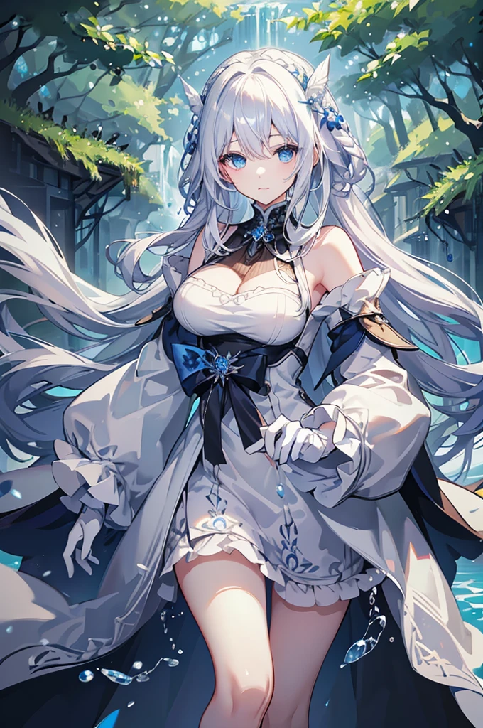 White hair and blue eyes、adult、Long, fluffy wavy hair、Braiding、Wearing hair ornaments、Princess、White gloves、Wearing a lace dress、Being in the water、Fantasy