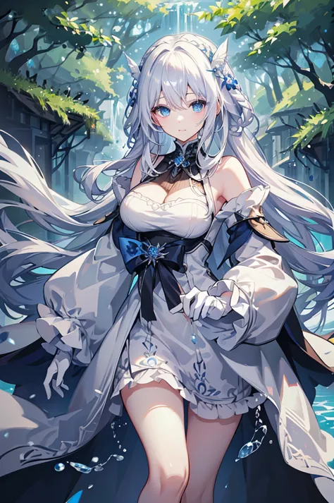 White hair and blue eyes、adult、Long, fluffy wavy hair、Braiding、Wearing hair ornaments、Princess、White gloves、Wearing a lace dress...