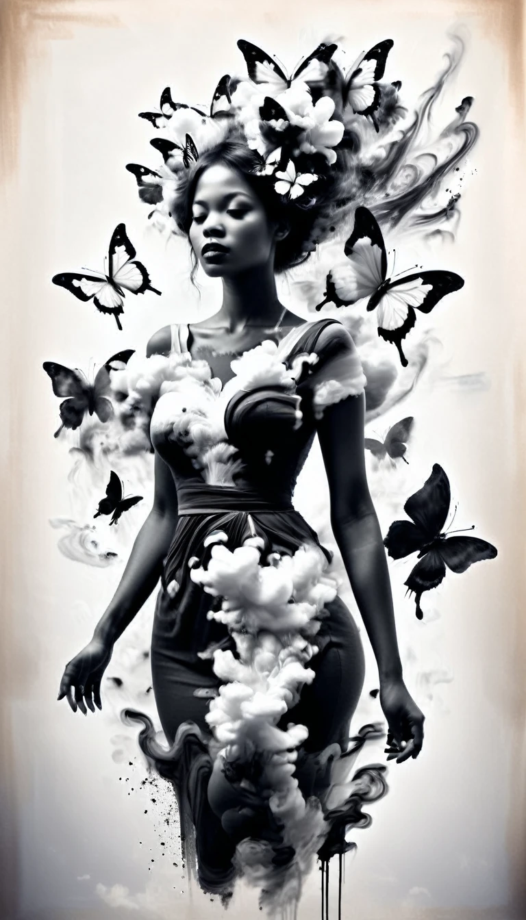 A beautiful young woman dressed elegantly by flowers and smoke butterflies, charcoal black smoke and black ink strokes with paintbrushes and brushes. With a chaotic city background.