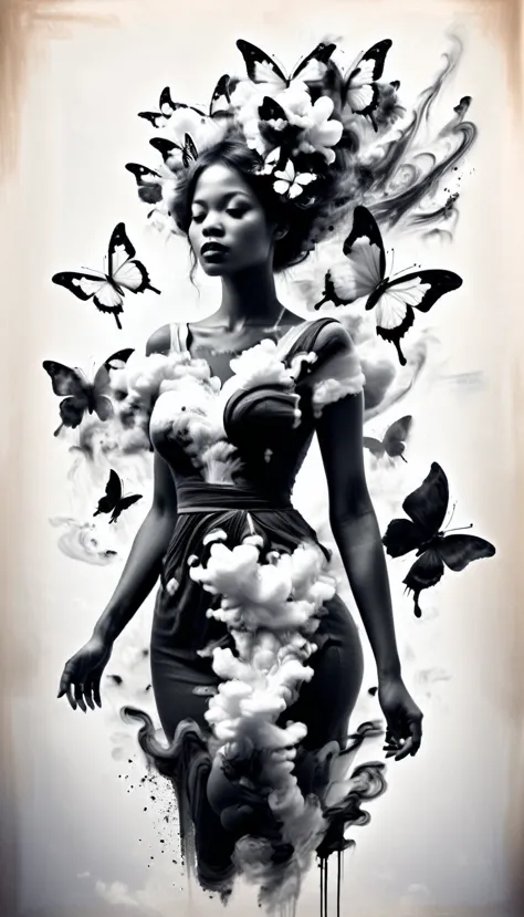 a beautiful young woman dressed elegantly by flowers and smoke butterflies, charcoal black smoke and black ink strokes with pain...