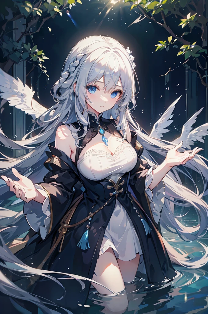 White hair and blue eyes、adult、Long, fluffy wavy hair、Braiding、Wearing hair ornaments、Princess、White gloves、Wearing a lace dress、Being in the water、Fantasy