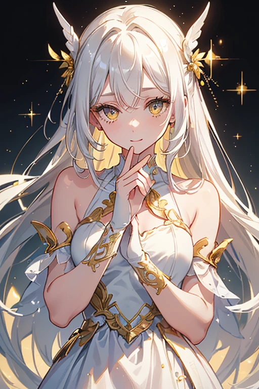 ((, Masterpiece: 1.5, best quality, high resolution: 1.3, super resolution, super detailed, ultra detailed: 1.3, Perfect Anatomy:1.5, 1 woman ) dark skin + white hair + yellow eyes + long eyelashes + female figure + freckled cheeks (long dress with moderately transparent fabric at the ends, delicate accessories, long fingerless gloves, white clothing with gold details) ((adorable open eyes, friendly cute expression, sparkle in eyes))