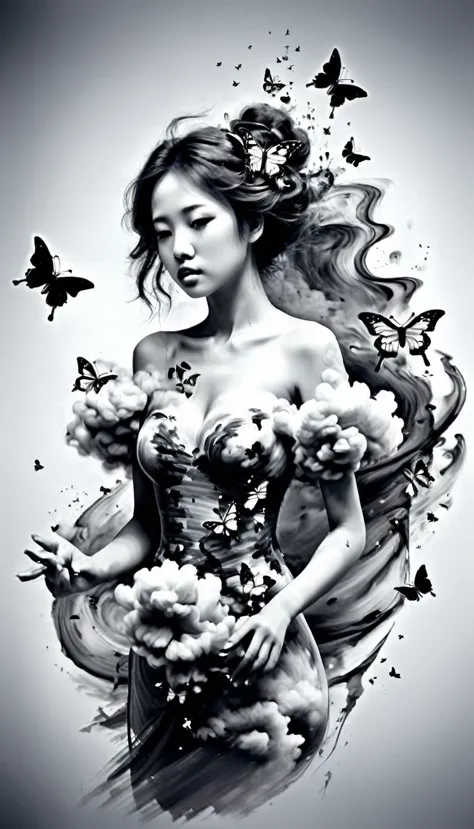 a beautiful young asuna, with eyes of emotion and dressed elegantly by flowers and butterflies of smoke, charcoal black smoke an...