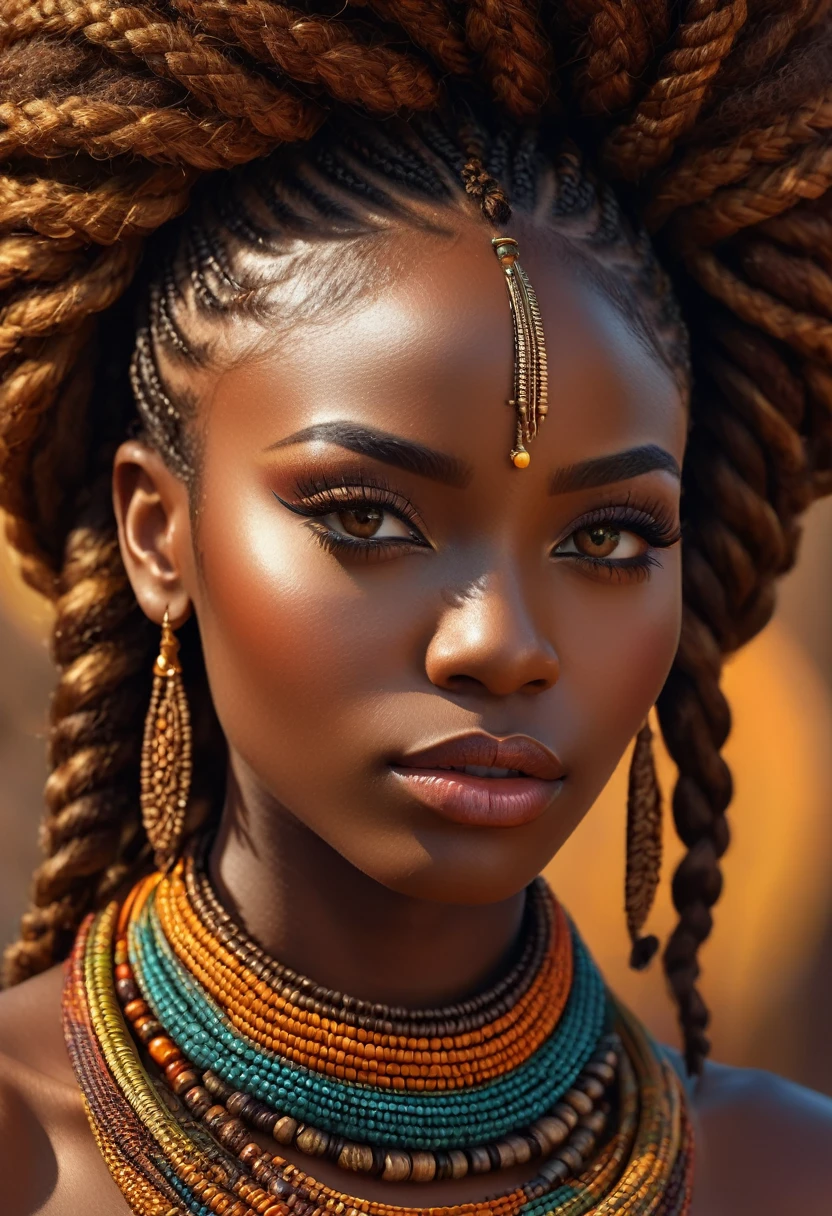 a detailed portrait of an african god, beautiful detailed eyes, beautiful detailed lips, extremely detailed face and skin, long eyelashes, intricate braided hairstyle, tilted view from the front, 4k, ultra-detailed, high resolution, photorealistic, masterpiece, cinematic lighting, dramatic shadows, rich vibrant colors, warm color palette