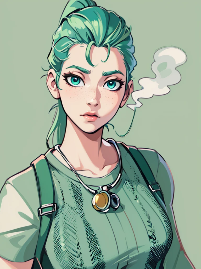 Masterpiece, best quality, college student, centered in frame, portrait, female, pale skin, stressed expression, stethoscope, busty, smoking cigarette, eye bags, nervous, peach lips, ponytail, pastel green hair, couch landscape, green eyes, paramedic uniform, green freckles, beautiful,