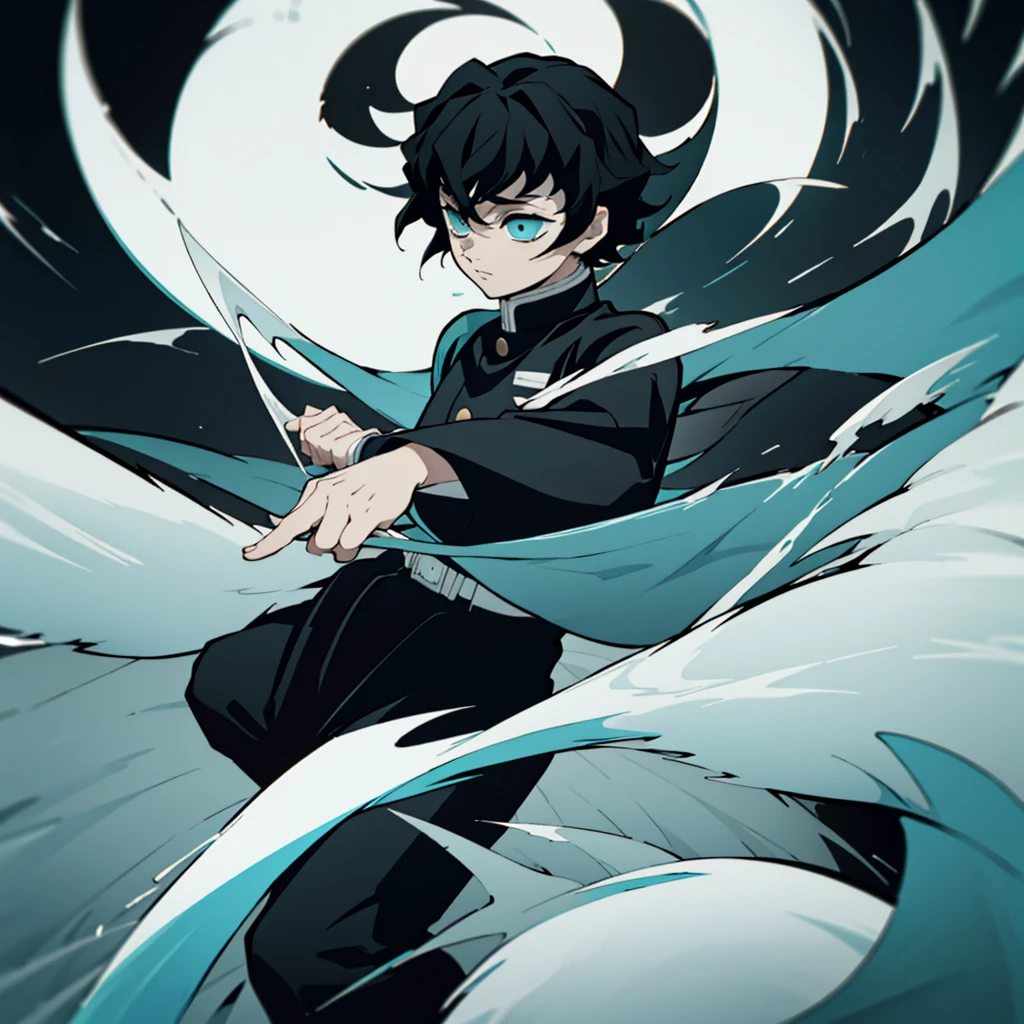 fifteen year old male, Uniform demon slayer, ying yang sword, Beautiful visual quality, Short hair, White and black color theme