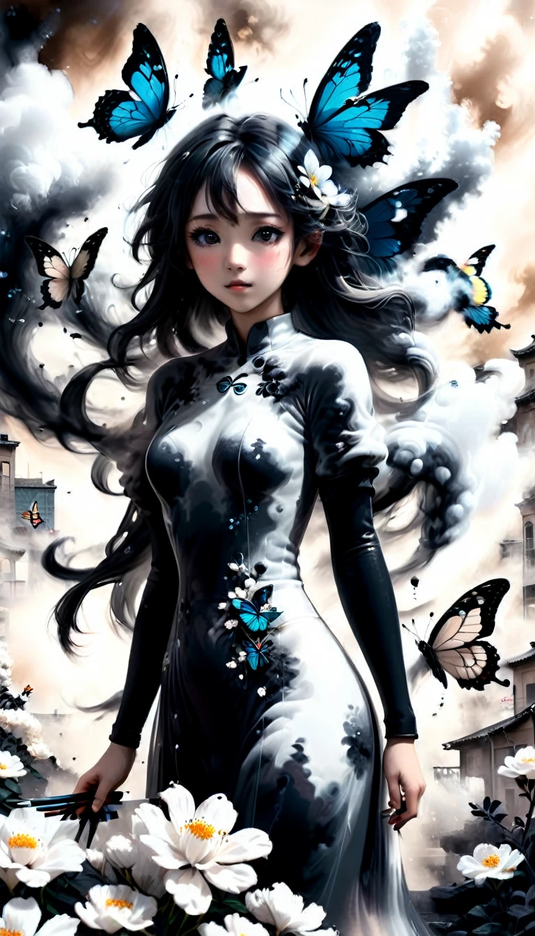 A beautiful young Asuna, with eyes of emotion and dressed elegantly by flowers and butterflies of smoke, charcoal black smoke and black ink strokes with paintbrushes and brushes. With a chaotic city background.