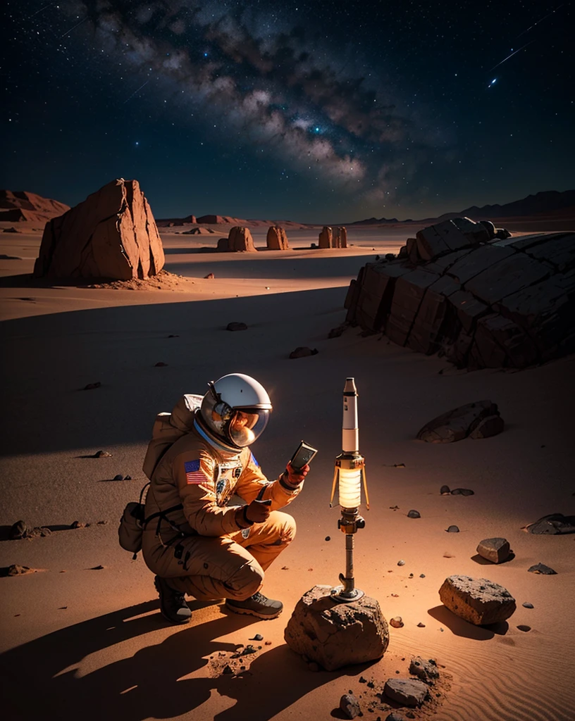 Create a painting of three astronauts collecting rocks and taking samples with advanced technological equipment on Mars at night. The environment should be very rocky, with an abundance of stones and various-sized rocks scattered around. The Martian landscape is illuminated by the faint light of distant stars and the astronauts' headlamps. The sky is dark, filled with stars, while the reddish hue of Mars' surface contrasts with the cold, dark night. The astronauts should be equipped with scientific tools and instruments, actively engaged in their work. Ensure the scene captures the rugged and barren nature of Mars, emphasizing the rocky terrain and the astronauts' detailed activities.