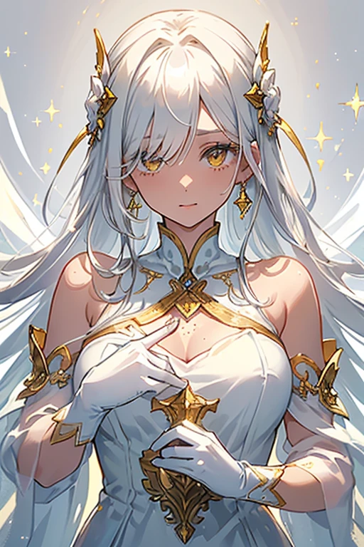 ((, Masterpiece: 1.5, best quality, high resolution: 1.3, super resolution, super detailed, ultra detailed: 1.3, Perfect Anatomy:1.5, 1 woman ) dark skin + white hair + yellow eyes + long eyelashes + female figure + freckled cheeks (long dress with moderately transparent fabric at the ends, delicate accessories, long fingerless gloves, white clothing with gold details) ((adorable open eyes, friendly cute expression, sparkle in eyes))