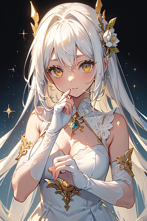 ((, Masterpiece: 1.5, best quality, high resolution: 1.3, super resolution, super detailed, ultra detailed: 1.3, Perfect Anatomy:1.5, 1 woman ) dark skin + white hair + yellow eyes + long eyelashes + female figure + freckled cheeks (long dress with moderately transparent fabric at the ends, delicate accessories, long fingerless gloves, white clothing with gold details) ((adorable open eyes, friendly cute expression, sparkle in eyes))