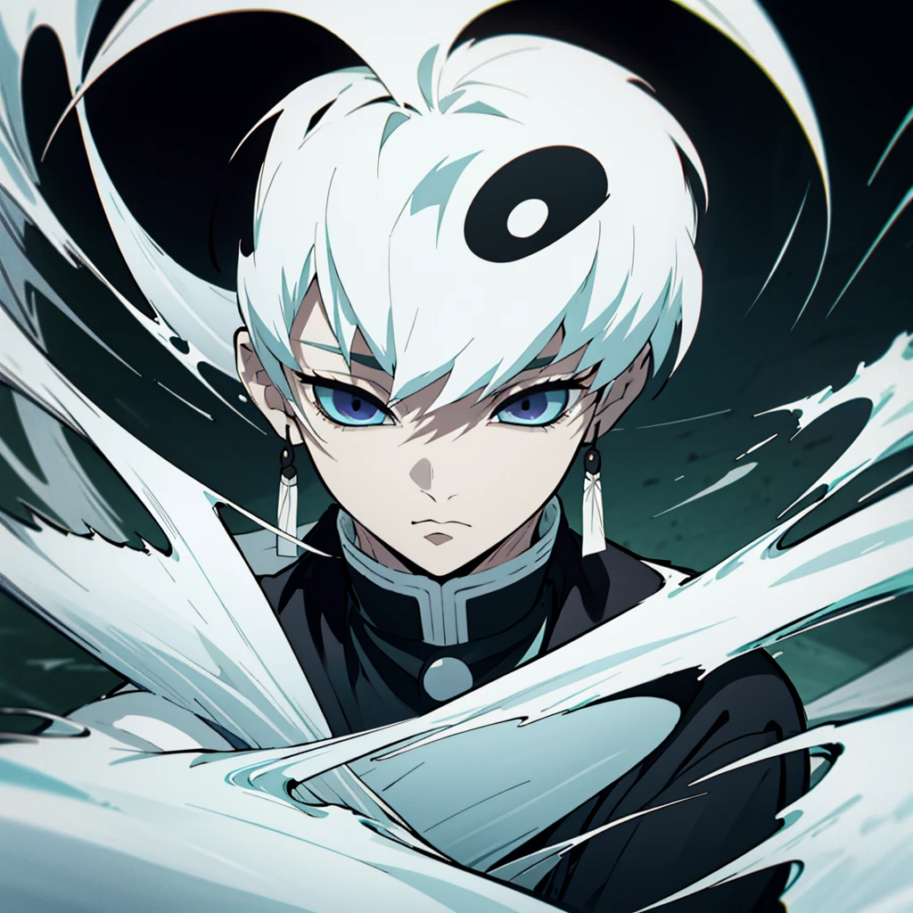 fifteen year old male, Uniform demon slayer, ying yang sword, Beautiful visual quality, Short hair, White and black color theme