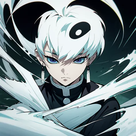 fifteen year old male, uniform demon slayer, ying yang sword, beautiful visual quality, short hair, white and black color theme