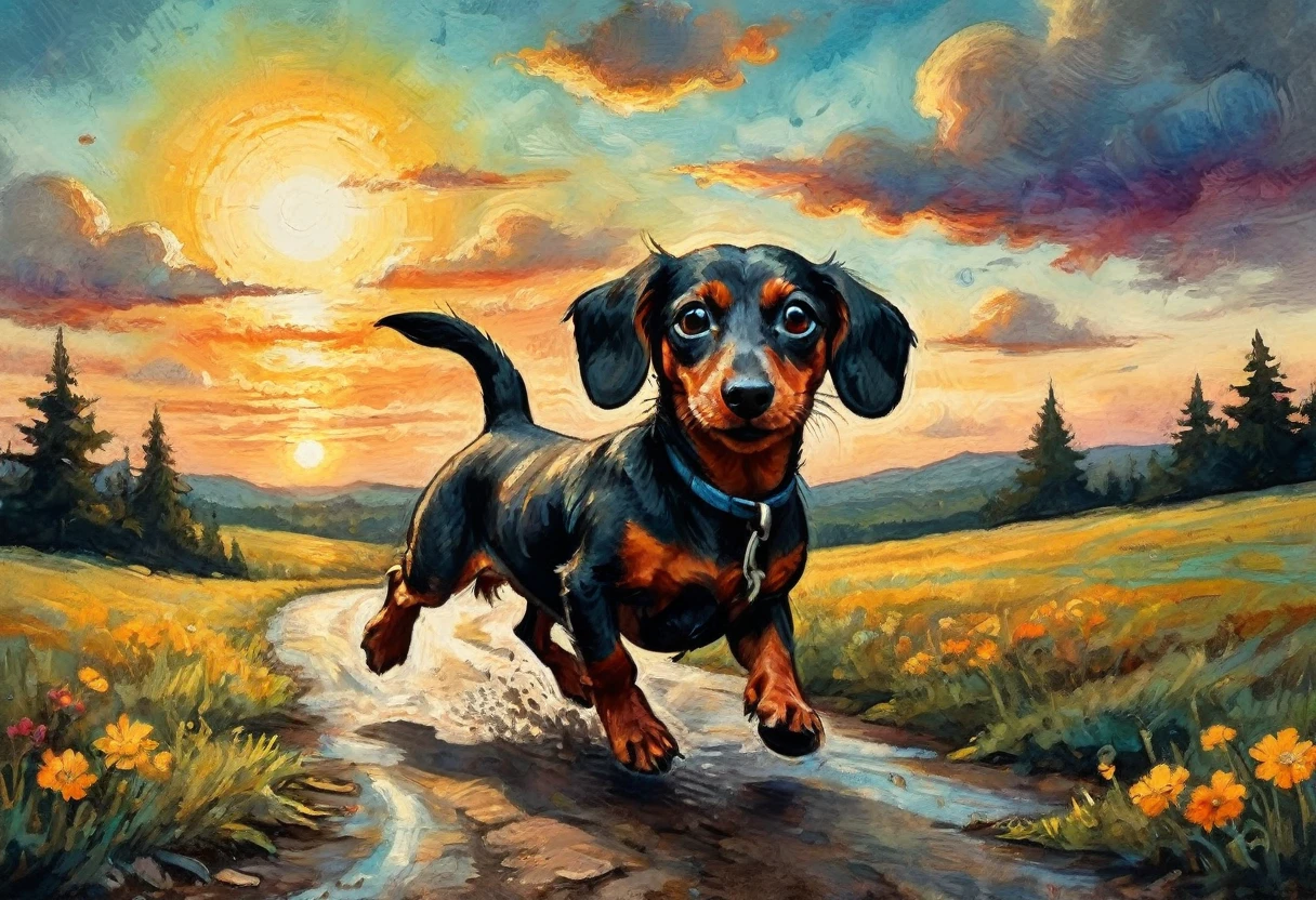 [front view] funny flyer Dachshund  stimpunk ( stile by Andy-Kehoe), very colorful, ((oil painting palette knife)), ((masterpiece)), extreme detail, perspective, 8k