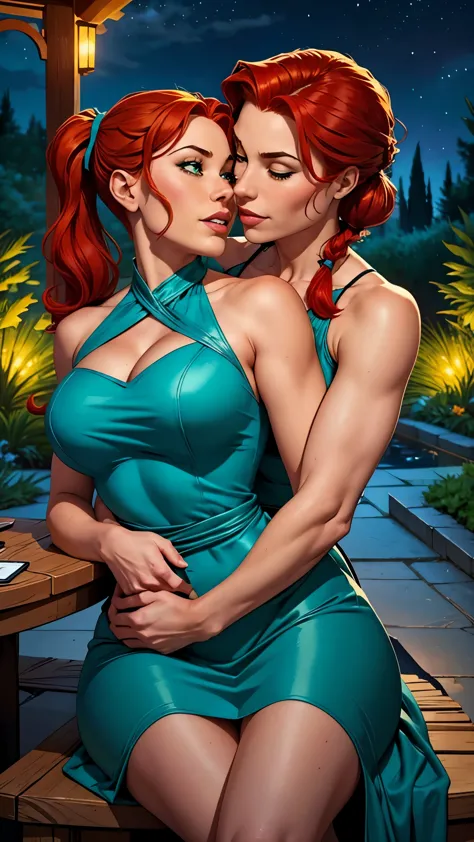 A girl in an elegant turquoise dress is sitting on a table. she has pigtails and red hair. Busty. A garden at night. Comic style...