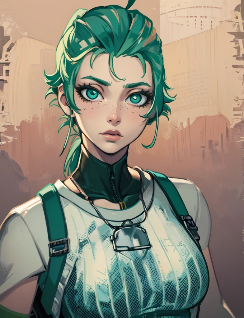 Masterpiece, best quality, college student, centered in frame, portrait, female, pale skin, stressed expression, stethoscope, busty, smoking cigarette, eye bags, nervous, peach lips, ponytail, pastel green hair, couch landscape, green eyes, paramedic uniform, green freckles, beautiful,