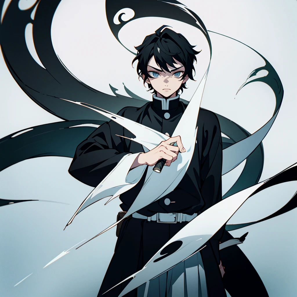 fifteen year old male, Uniform demon slayer, ying yang sword, Beautiful visual quality, Short hair, White and black color theme