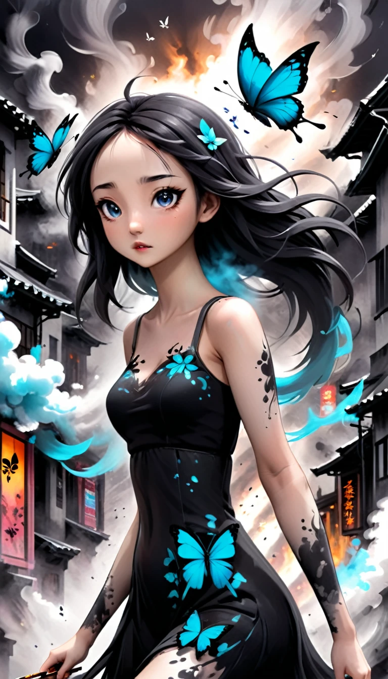 A beautiful young Asuna, with eyes of emotion and dressed elegantly by flowers and butterflies of smoke, charcoal black smoke and black ink strokes with paintbrushes and brushes. With a chaotic city background.