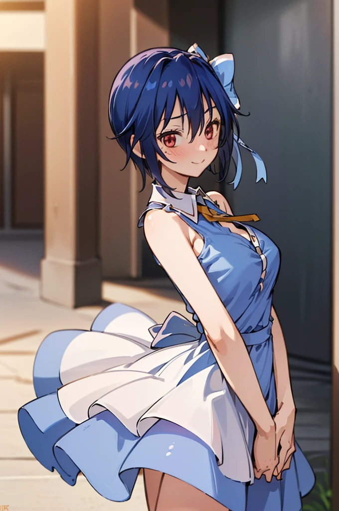 (extremely detailed CG unity 8k wallpaper), (masterpiece), (best quality), (ultra-detailed), (best illustration), (best shadow), (absurdres), 1girl, solo, looking at viewer, blush, smile, tsugumi seishirou, large breasts, hair bow, (blue dress, collared dress, bare shoulders,  bare arms), arms behind back, street