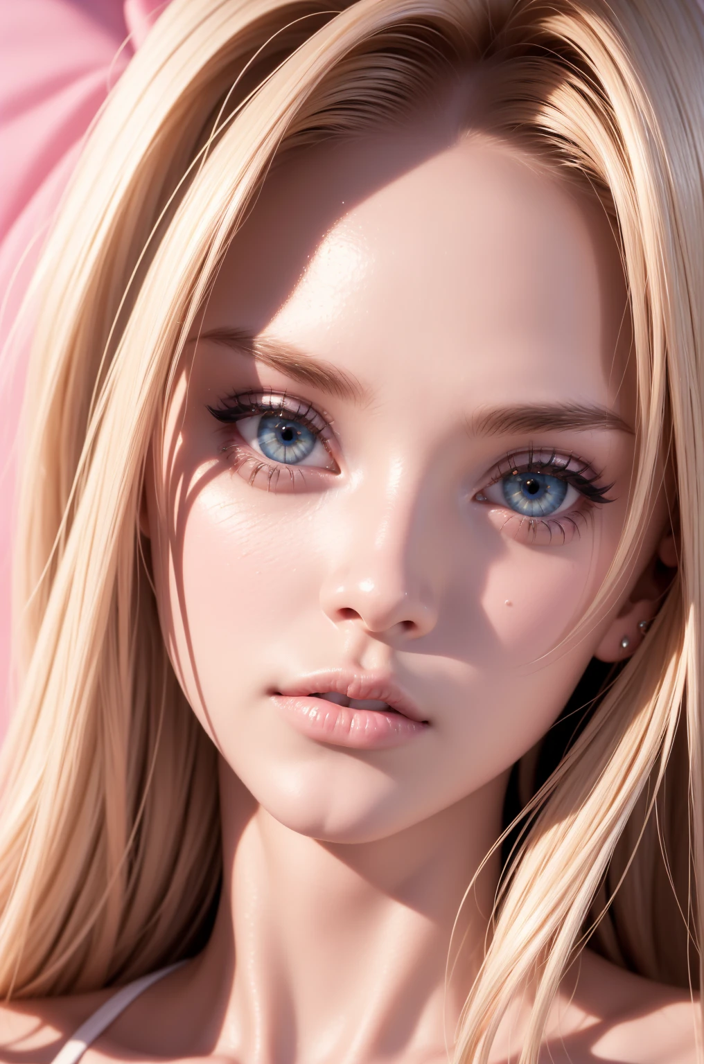 Skinny blonde girl, young, teen, in her bedroom, (highly detailed background, bedroom), wearing a crop top and jeans, pretty face, pink lips, cute, sweet, innocent, beautiful lighting, alone, shy, highly detailed face, (ultra realistic), realistic skin, makeup, lip filler, big pink bimbo lips, (bimbofication), cleavage, big ass, ((highly detailed face, detailed eyes, eye contact) seducing the camera 