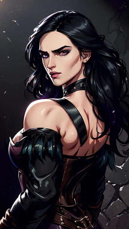(Katie McGrath face), Generate an illustration of a young (Yennefer of Vengerberg), of Witcher 3,  hair combed to sides, layered...