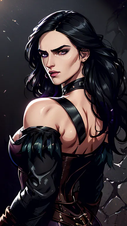 (katie mcgrath face), generate an illustration of a young (yennefer of vengerberg), of witcher 3,  hair combed to sides, layered...