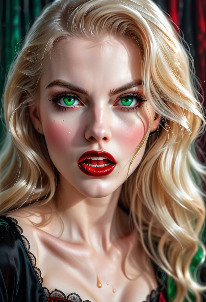 ((ein fotorealistisches Porträt eines exquisiten, Glamour weiblicher Vampir: 1.5)) , blasses Gesicht, blondes Haar, langes, lebendiges, glänzendes Haar, glamouröses Haar, smaragdgrüne Augen, tief durchdringende Augen, rote Lippen, lüsterne Lippen, ((two vampiric fangs: 1.5), Blutstropfen tropfen aus dem Mund, ((Stil der 1950er Jahre: 1.5)), (höchste Qualität:1.2, Sehr detailiert, auf dem Laufenden, beschwingt, ultrahohe Auflösung, Hoher Kontrast, Meisterwerk:1.2, höchste Qualität, Beste Ästhetik), beste Details, beste Qualität, highres, Ultraweitwinkel, 16k, [Extrem detailliert], Meisterwerk, beste Qualität, (Extrem detailliert), genmanipuliert..., Kinoreifer Hollywoodfilm, traditionelle Aquarellmalerei