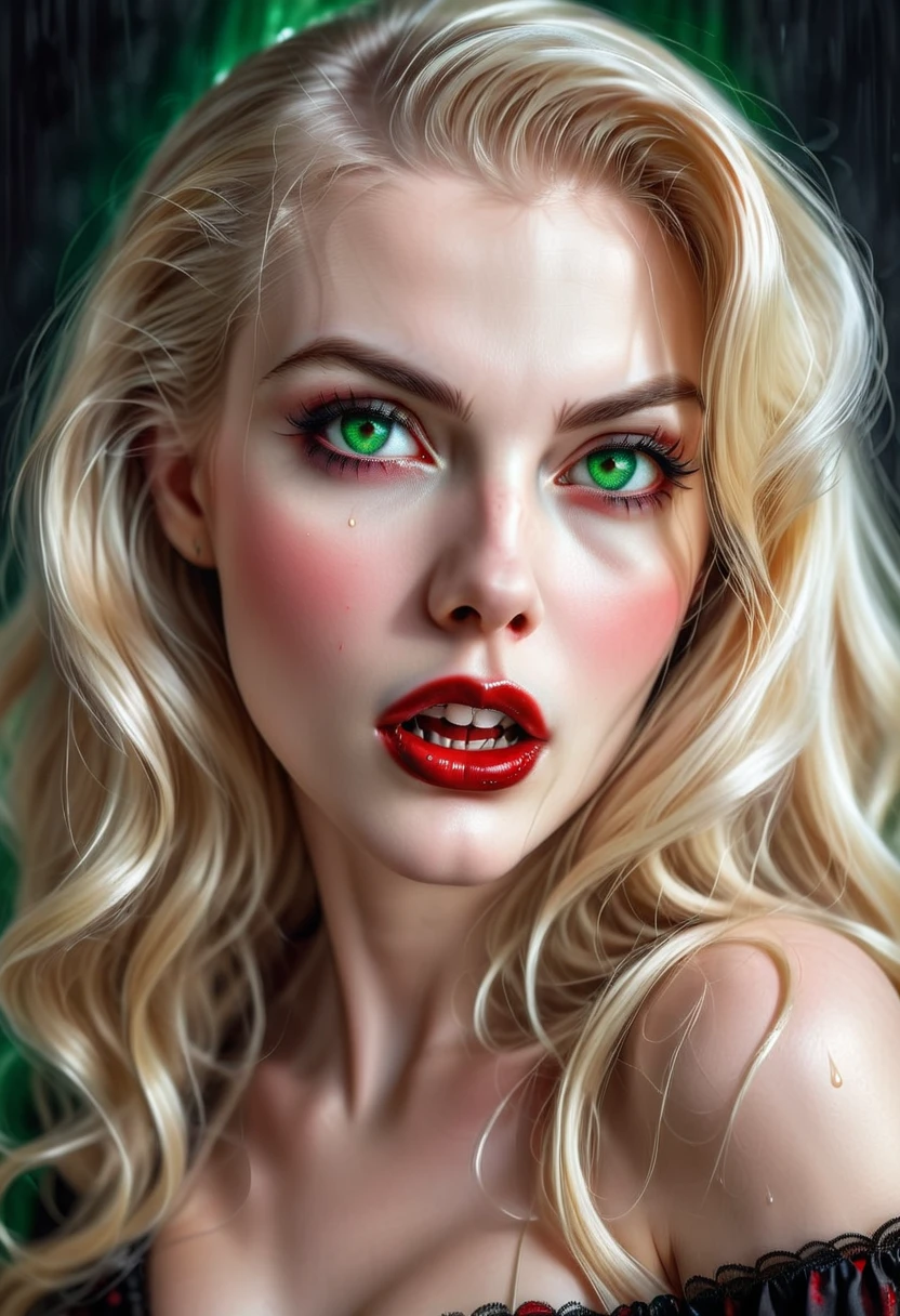 ((un portrait photoréaliste d&#39;un exquis, vampire femme glamour: 1.5)) , visage pâle, cheveux blonds, cheveux longs et brillants, cheveux glamour, yeux vert émeraude, yeux profondément pénétrants, lèvres rouges, lèvres lubriques, ((deux crocs vampiriques: 1.5), des gouttes de sang coulant de la bouche, ((style années 50: 1.5)), (la plus haute qualité:1.2, Très détaillé, à jour, vibrant, Ultra haute résolution, contraste élevé, chef-d&#39;œuvre:1.2, la plus haute qualité, meilleure esthétique), meilleurs détails, meilleure qualité, haute résolution, ultra grand angle, 16k, [ultra détaillé], chef-d&#39;œuvre, meilleure qualité, (extrêmement détaillé), Génétiquement modifié..., Film cinématographique hollywoodien, aquarelle traditionnelle