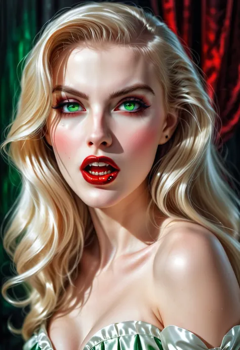 ((a photorealistic portrait of an exquisite, glamour female vampire: 1.5)) , pale face, blond hair, long vibrant shiny hair, gla...