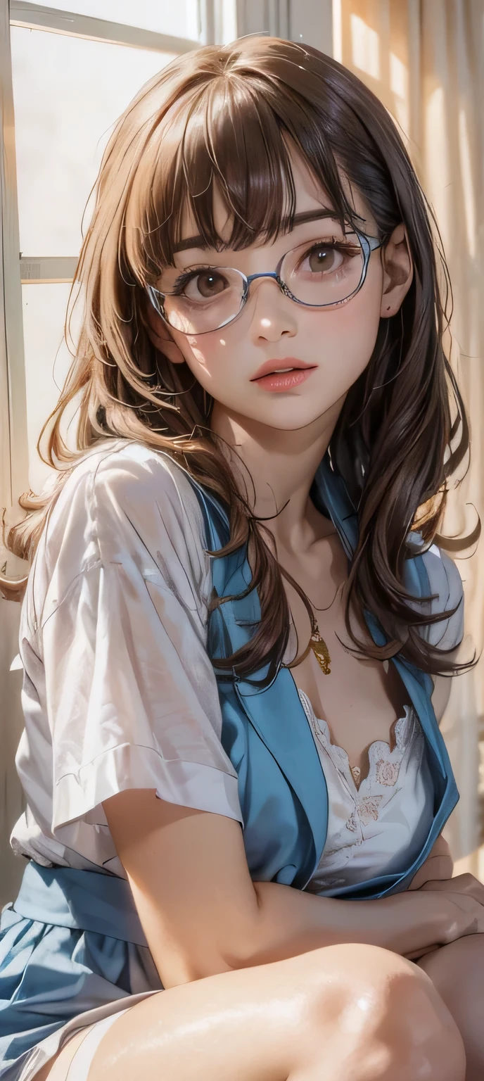 girl in summer clothes, white blouse, light blue shorts, pantyhose or long stockings, making like she wants to kiss you, view from viewer, medium breasts, cleavage, random backgroud, flirtatious look, glasses, ((very detailed)), (perfectly detailed face), (well detailed hand) photorealistic image.