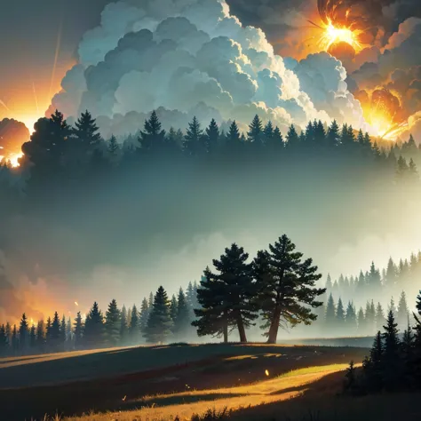 a beautiful forest, you can see trees, In the distance you can see a large explosion of some object that has exploded, 