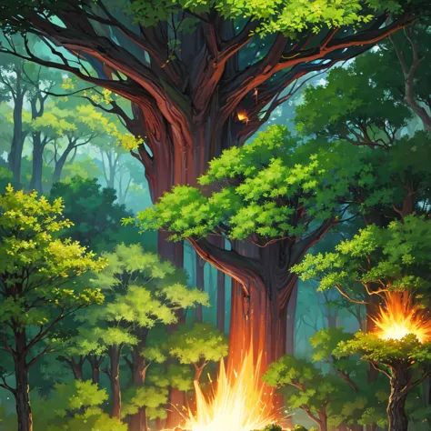 A great magical forest and above the forest trees you can see a great explosion