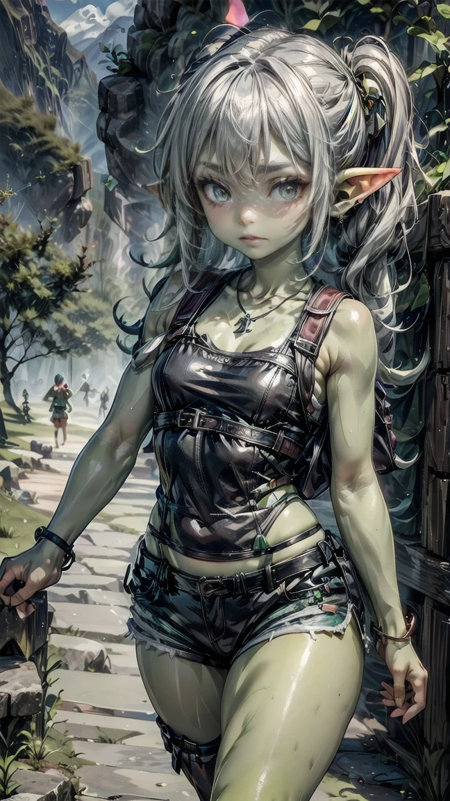 1 girl, solo ((best quality)), ((masterpiece)), (detailed), 4k, deep green skin, tiny pointy ears, 3 foot tall mature goblin woman with silver hair color, pigtails, ((green skin)) wearing tanktop, hiking shorts, hiking boots, backpack, wearing rainbow friendship bracelet and leather necklace, hiking up machu picchu