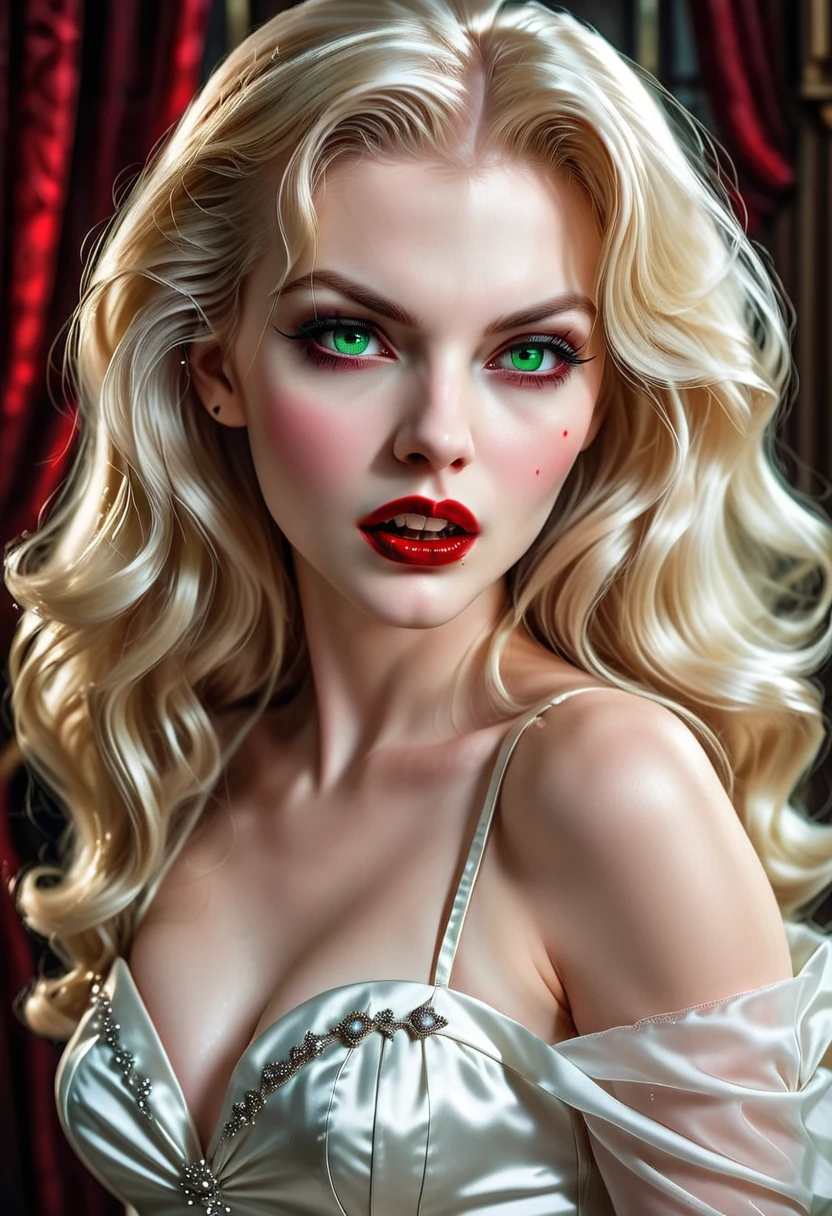 ((ein fotorealistischer Glamour-Shot eines exquisiten, Glamour weiblicher Vampir: 1.5)), ultrafeminin,  blasses Gesicht, blondes Haar, langes, lebendiges, glänzendes Haar, glamouröses Haar, smaragdgrüne Augen, tief durchdringende Augen, rote Lippen, lüsterne Lippen, ((two vampiric fangs: 1.5), Blutstropfen tropfen aus dem Mund, ((Stil der 1950er Jahre: 1.5)), Sie trägt ein elegantes weißes Glamourkleid, engen anzug,  Dynamische Farbe, High Heels, dynamischer Hintergrund,  (höchste Qualität:1.2, Sehr detailiert, auf dem Laufenden, beschwingt, ultrahohe Auflösung, Hoher Kontrast, Meisterwerk:1.2, höchste Qualität, Beste Ästhetik), beste Details, beste Qualität, highres, Ultraweitwinkel, 16k, [Extrem detailliert], Meisterwerk, beste Qualität, (Extrem detailliert), genmanipuliert..., Kinoreifer Hollywoodfilm,