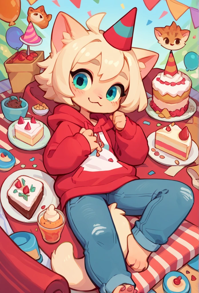 The Q version of the cute furry cat, looking cutely to a birthday cake, cute, pointy hair, party hat, hoodie, jeans, beans