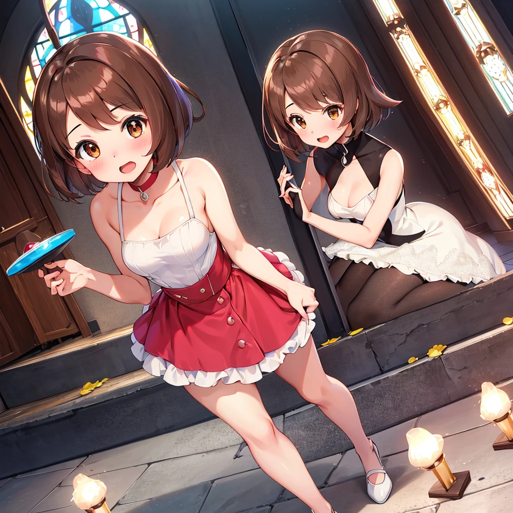 masterpiece, Highest quality, High resolution, Gloria1, 1 Girl, Gloria\(Pokémon\), Brown Hair, , Brown Eyes, , Short Hair, , Bobcut, bangs, , 　１Describe a girl carefully　１Girl　Expression in love　blush　Open Mouth　blush　church　Wedding dress（mini skirt）　breast enhancement